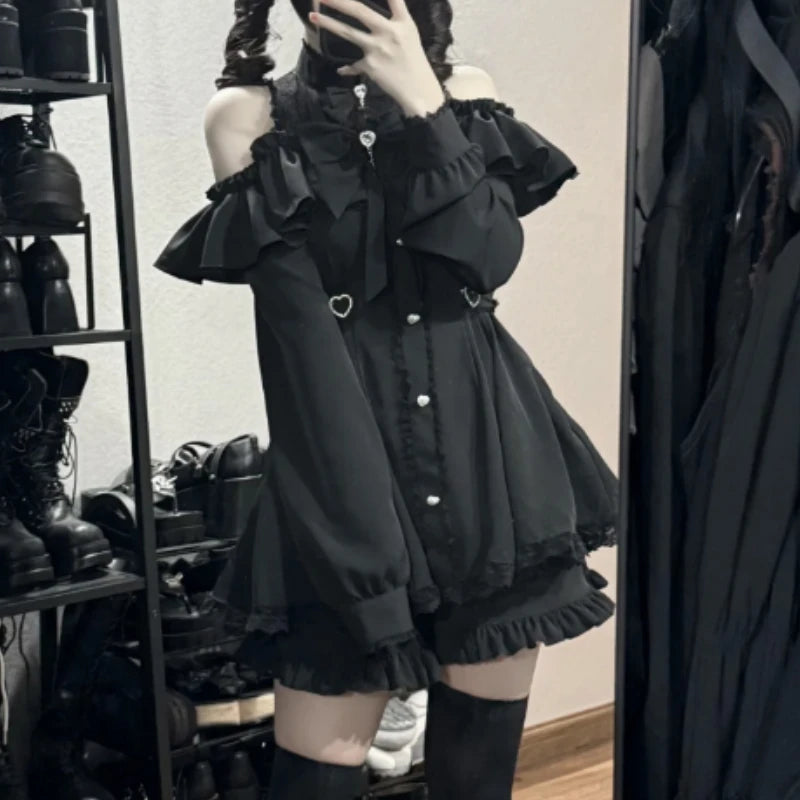Japanese Gothic Y2k Lolita Style Bow Dress Shorts Set Women Lace Ruffles Off Shoulder Button Shirts Dress Sweet Slim Party Dress