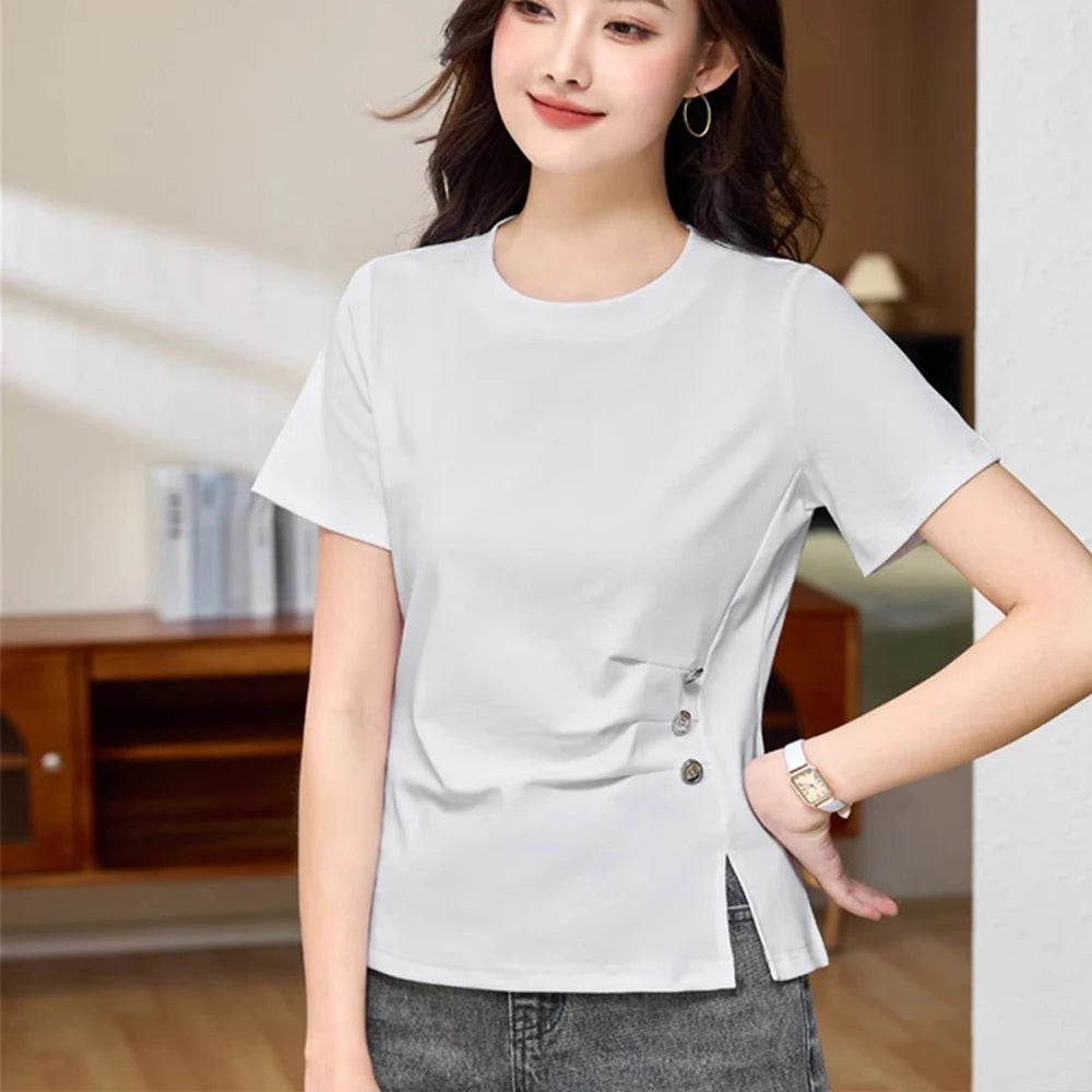 Grey pure cotton short sleeved T-shirt women's summer new high-end fashion plus size waist cinched hem slit pleated casual top