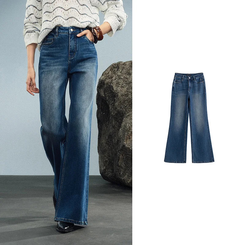 TOYOUTH Women Denim Jeans 2025 Autumn New Retro Lycra Micro Flare Pant