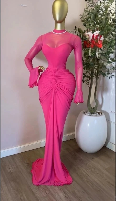 CM.YAYA Women's Flare Long Sleeve O-neck Ruched Mermaid Long Maxi Dress 2026 Street Mesh Sexy Party Cocktail Night Dresses