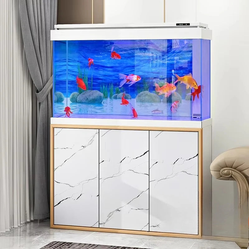 All-in-One AquariumNew Modern Luxury Marble-patterned Ultra-clear Glass Large Cabinet Bottom-filter Fish Tank Smart Aquarium For