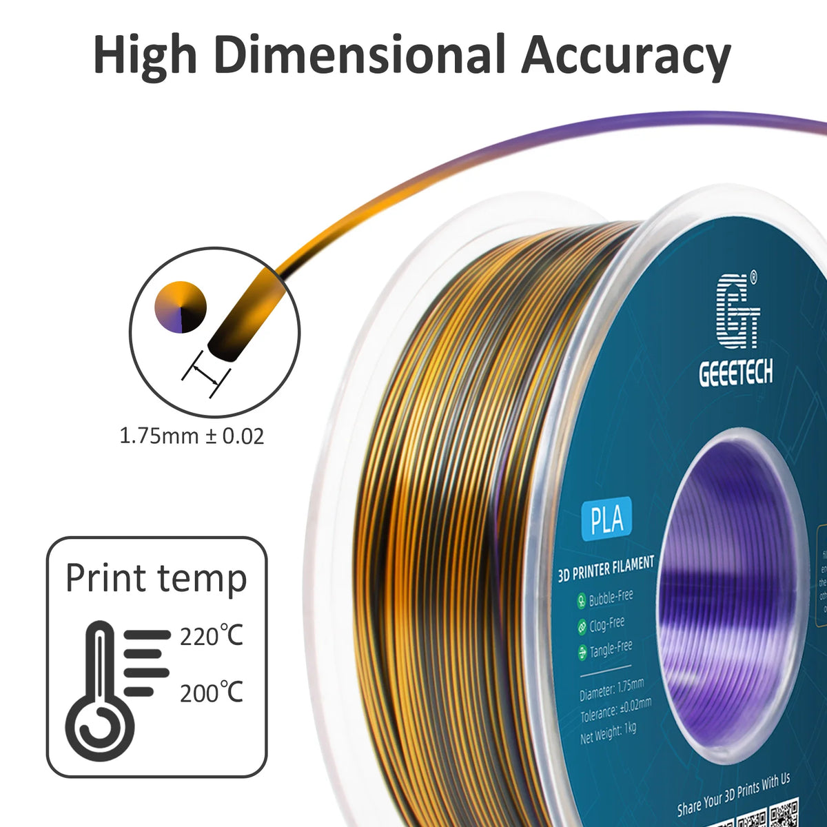 Geeetech 5Kg Three Tri Color Silk PLA Filament , 3D Filament 1,75 mm Spool Wire  (+/-0.03mm) Vacuum packaging, special color