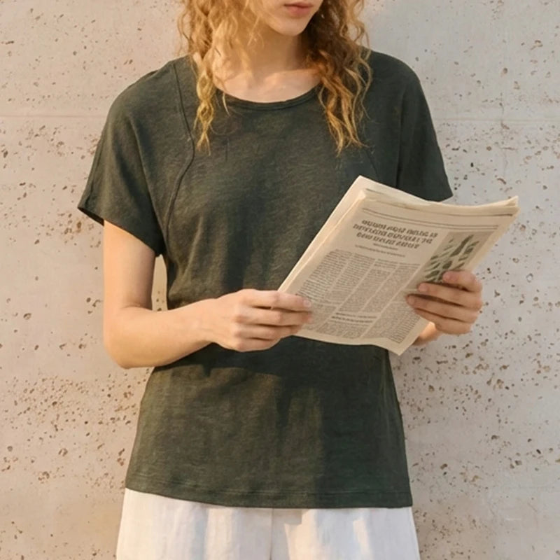 Chic Women's 100% Linen Round Neck T-Shirt Slim Designer Original Natural Short Sleeved Tee Tops