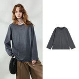 TOYOUTH Women T‑Shirt 2026 Autumn New Batik Cotton Long Sleeve Vintage Loose Letter Print Dark Grey Tops