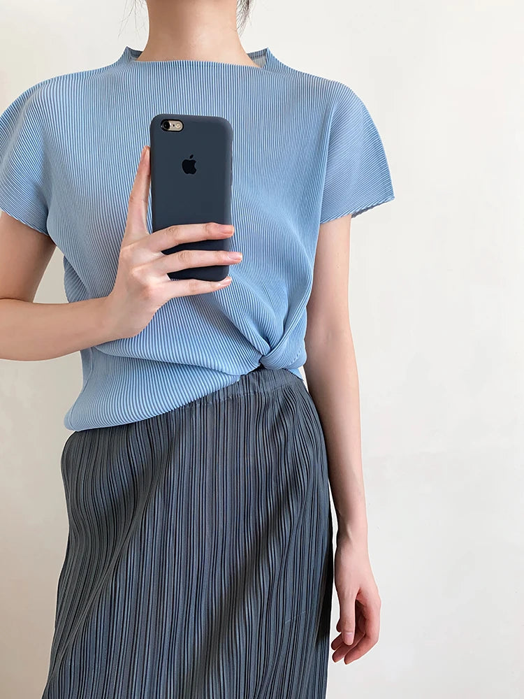 Miyake Pleated Short Sleeve Tops Women's New Summer Round Neck Solid Color Lemon Yellow Causal Korean Fashion T-Shirt