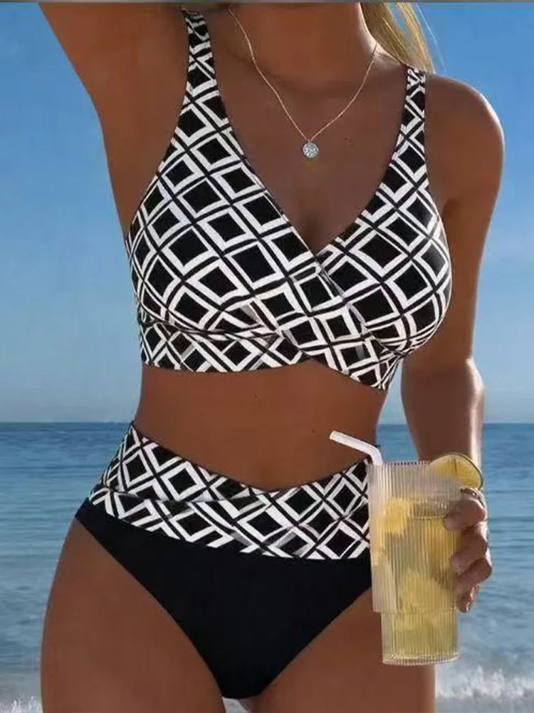 V Neck Tank Swimwears High Waist Bikini Summer Beach Bathing Suit Swimsuit Women Vertical Stripe Patchwork Bikini Set Wrap Front