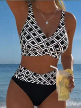 V Neck Tank Swimwears High Waist Bikini Summer Beach Bathing Suit Swimsuit Women Vertical Stripe Patchwork Bikini Set Wrap Front