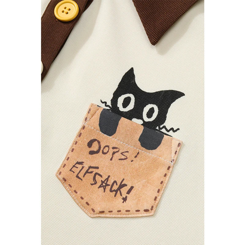 ELFSACK Cat Pocket Polo T-Shirt, Color Block Collar Oversized Tee with Cute Embroidery