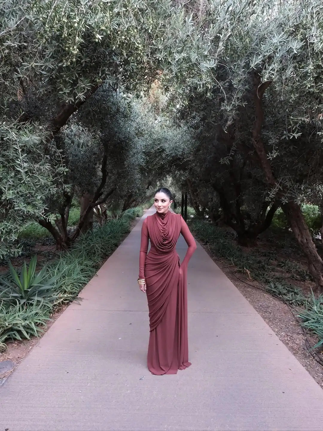 Solid Draped Neckline Long Dress Women Elegant Full Sleeve Cinched-waist Pleated Bodycon Robe 2026 Lady Chic Evening Dinner Gown