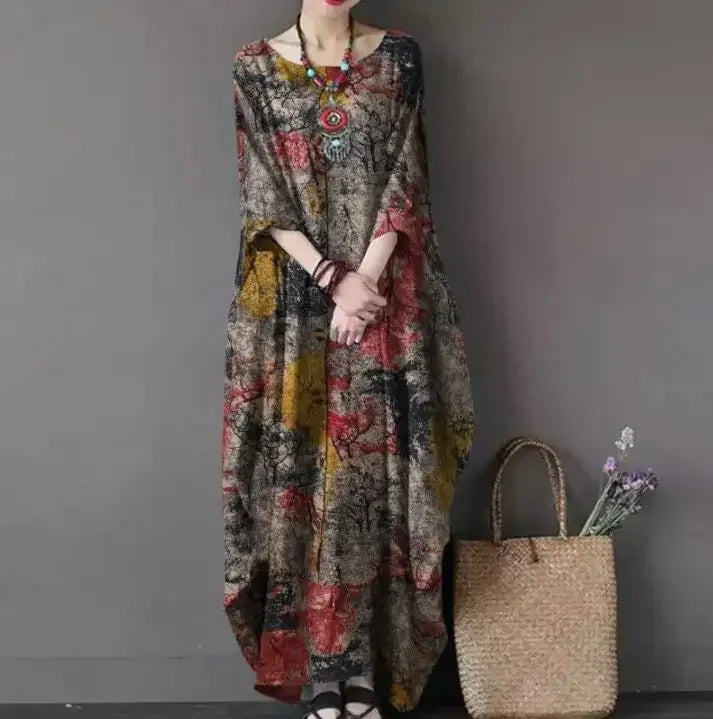 SuperAen 2022 New Loose Printed Cotton Linen Round Neck Long Sleeved Vintage Oversize Dress Women Boho Long Maxi Dress