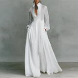 Spring Elegant Pocket Maxi Shirt Dress Women Long Sleeve Button-Down Flowy A-Line Dress Summer Beach Vacation Boho Party Dresses
