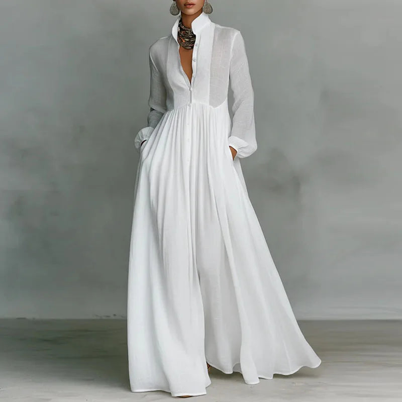 Spring Elegant Pocket Maxi Shirt Dress Women Long Sleeve Button-Down Flowy A-Line Dress Summer Beach Vacation Boho Party Dresses