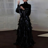 Women's Party Dresses Fashion High Waist Pleat Lady Casual High Collar Layered Banquet Dress Elegant Long Sleeve Evening Dress