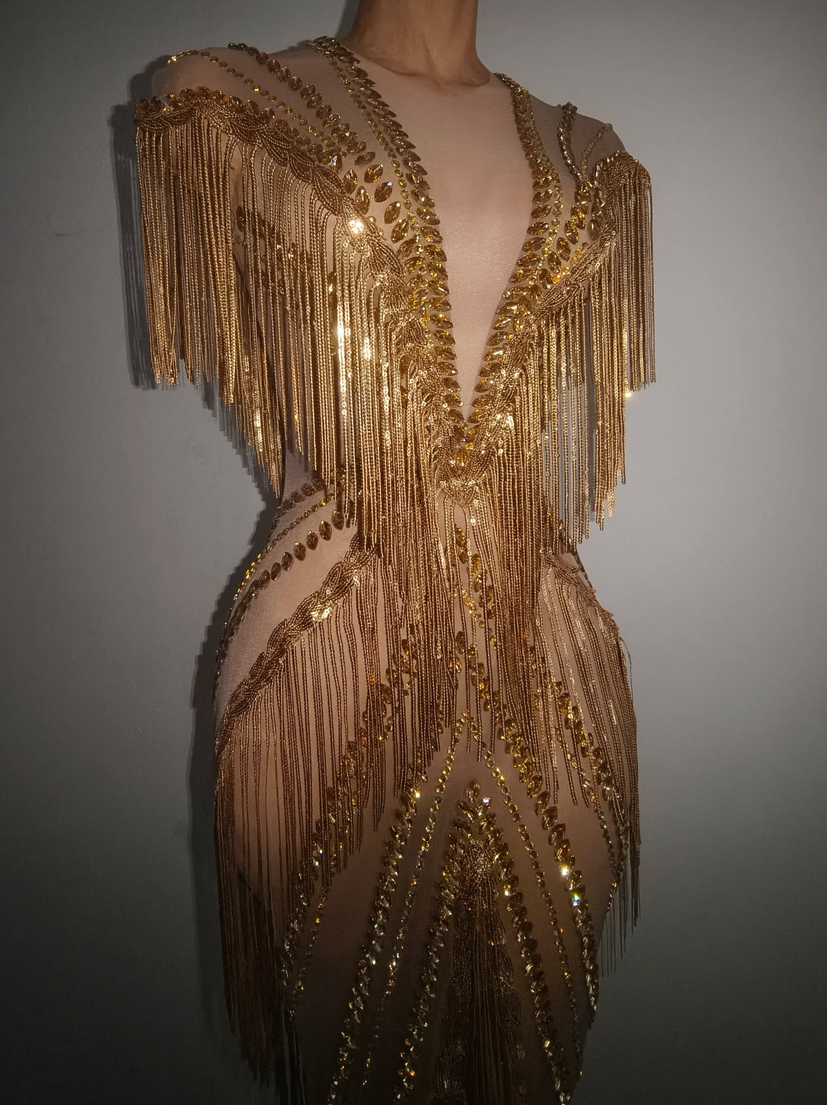 Women Sexy Mesh Sparkly Rhinestone Tassels Stretch Long Dress Evening Nightclub Singer Dance Stage Costume Luxury Birthday Gowns