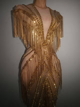 Women Sexy Mesh Sparkly Rhinestone Tassels Stretch Long Dress Evening Nightclub Singer Dance Stage Costume Luxury Birthday Gowns