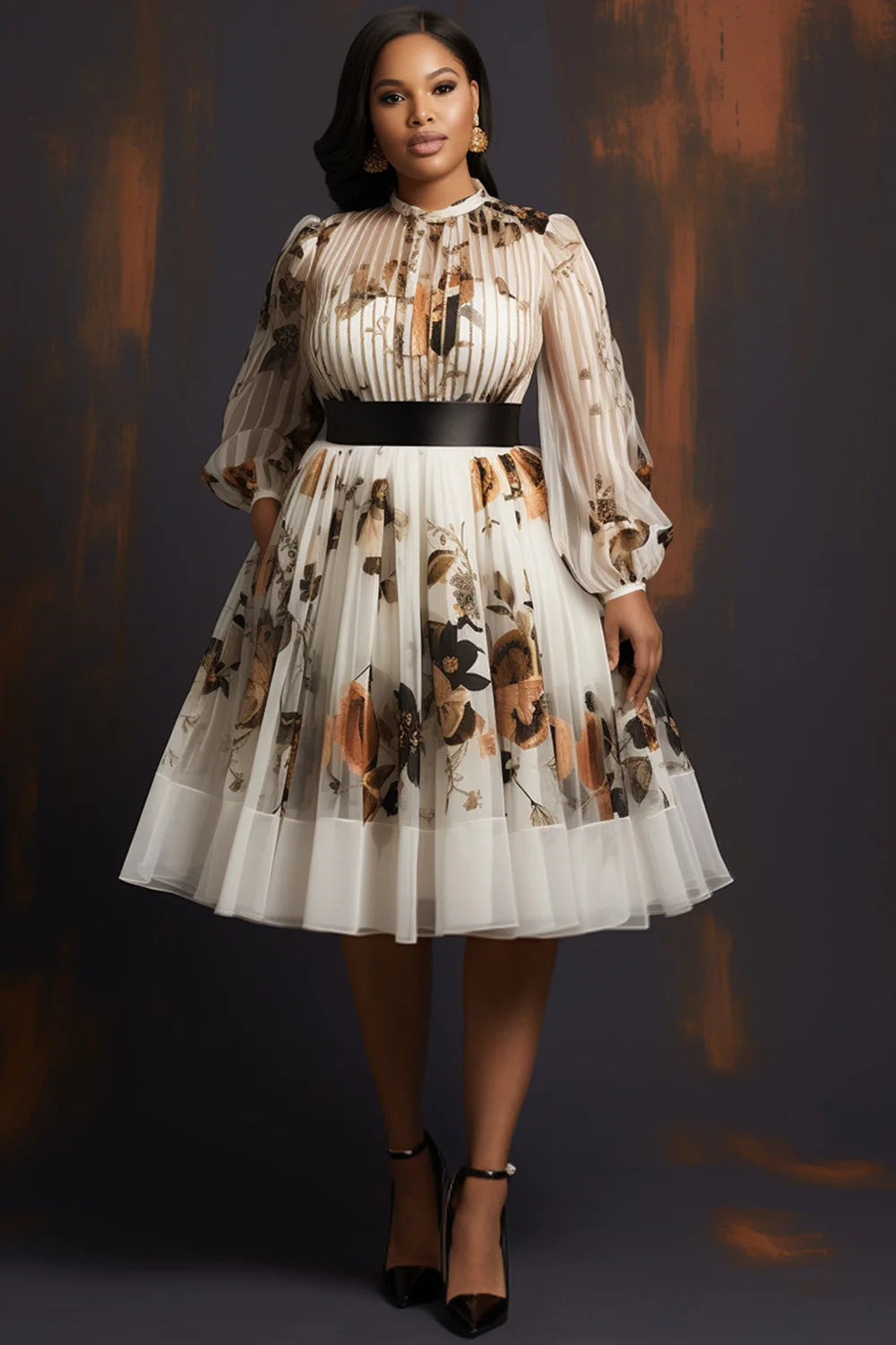 Plus Size Daily White Floral Round Neck Long Sleeve See Through Chiffon Midi Dresses (Without Belt)