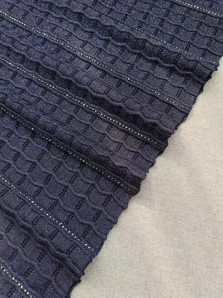 High Quality New Fashion Dark Blue Temperament Knit Long Dress Women Elegant O-neck Hollow-out Short Sleeve Slim Robe Ladies