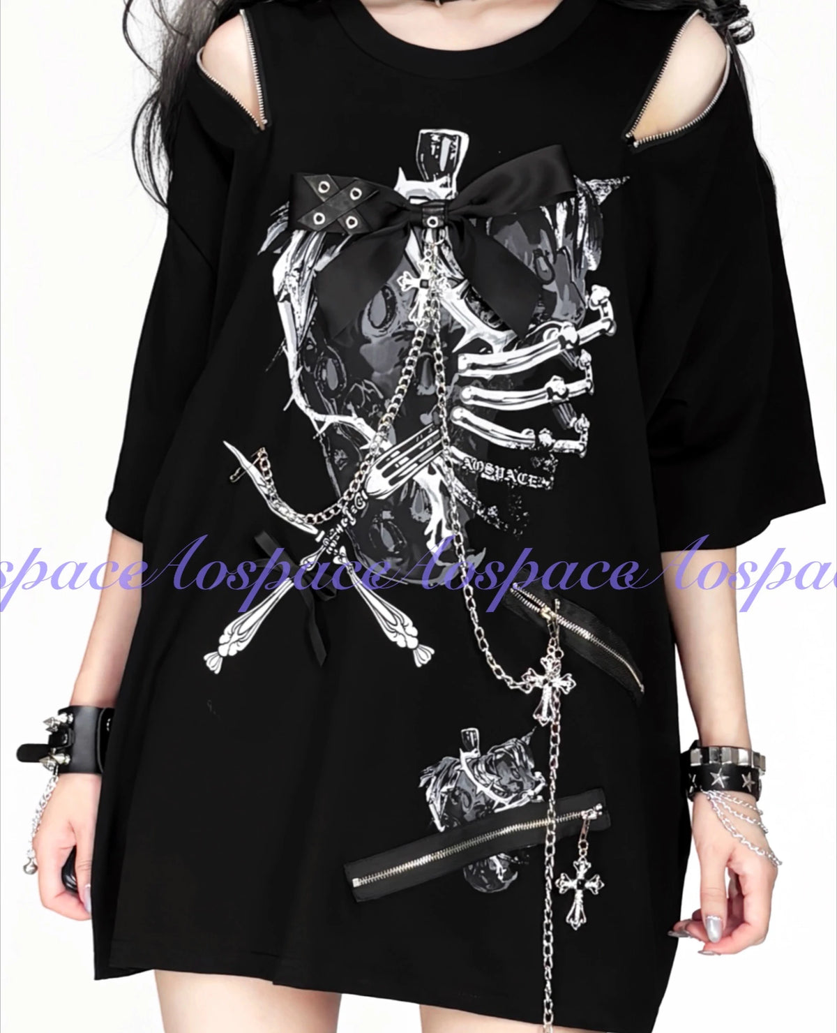 Original Dark Subculture Punk Style Off-Shoulder Short Sleeve Round Neck Printed Chain Bow Loose Casual T-Shirt Top Women Summer