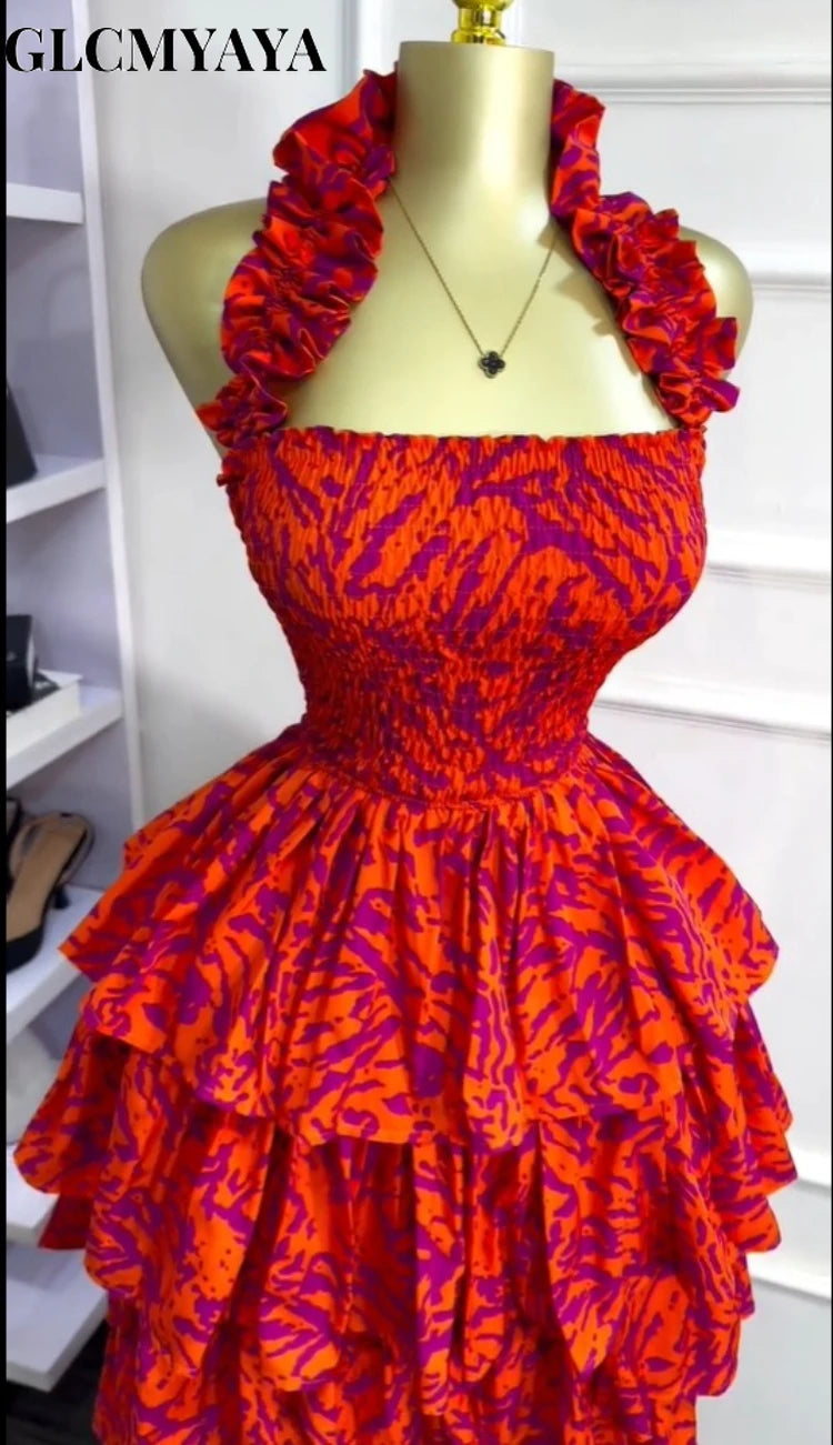 GLCMYAYA Women Floral Printed Cascading Ruffles Ball Gown Midi Maxi Long Dress Birthday Vacation Holiday Party Dresses Vestidos