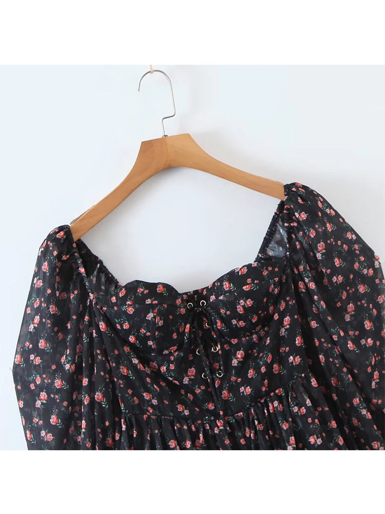 YENKYE Autumn Fashion Women Vintage Floral Print Chiffon Dress Sexy Semi-Sheer Long Sleeve Layered Ruffle Ladies Short Dress