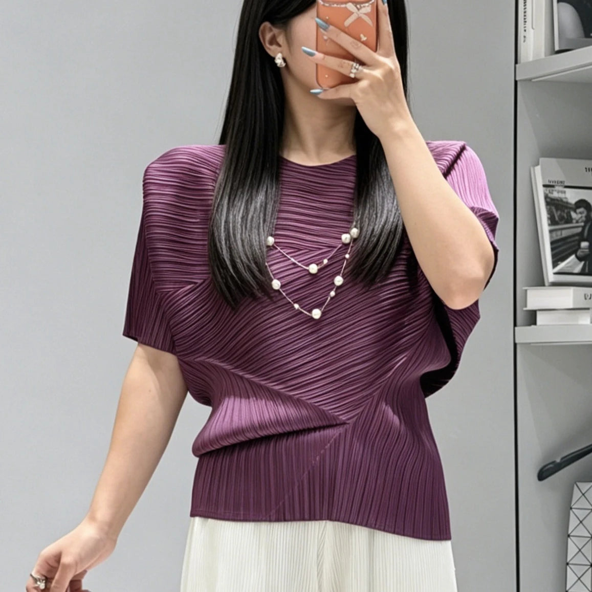 Pleated Top 2026 New Round Neck Short Sleeve Batwing T-Shirt Women Summer Lightweight Vacation Travel Women's Clothing