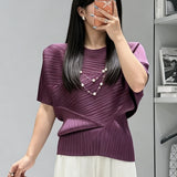 Pleated Top 2026 New Round Neck Short Sleeve Batwing T-Shirt Women Summer Lightweight Vacation Travel Women's Clothing