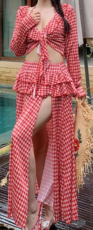 Large Size Summer New Long Skirt Four-piece Seaside Vacation Bikini Split Swimsuit Women Sexy Fashion Red Plaid Swimwear Sets