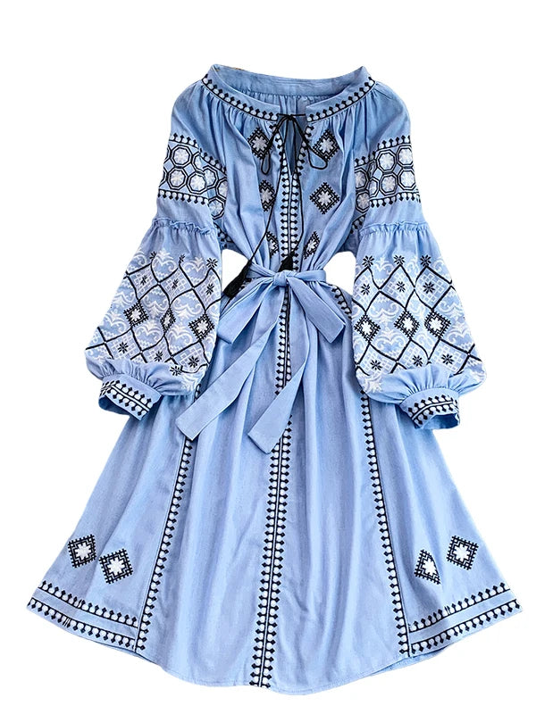 Retro Embroidered Belted round Neck Dress Women's Loose A-Line Midi Skirt Spring Summer Fashion City Commute Casual Dress