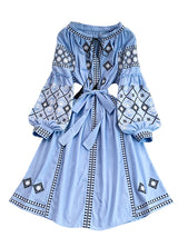 Retro Embroidered Belted round Neck Dress Women's Loose A-Line Midi Skirt Spring Summer Fashion City Commute Casual Dress