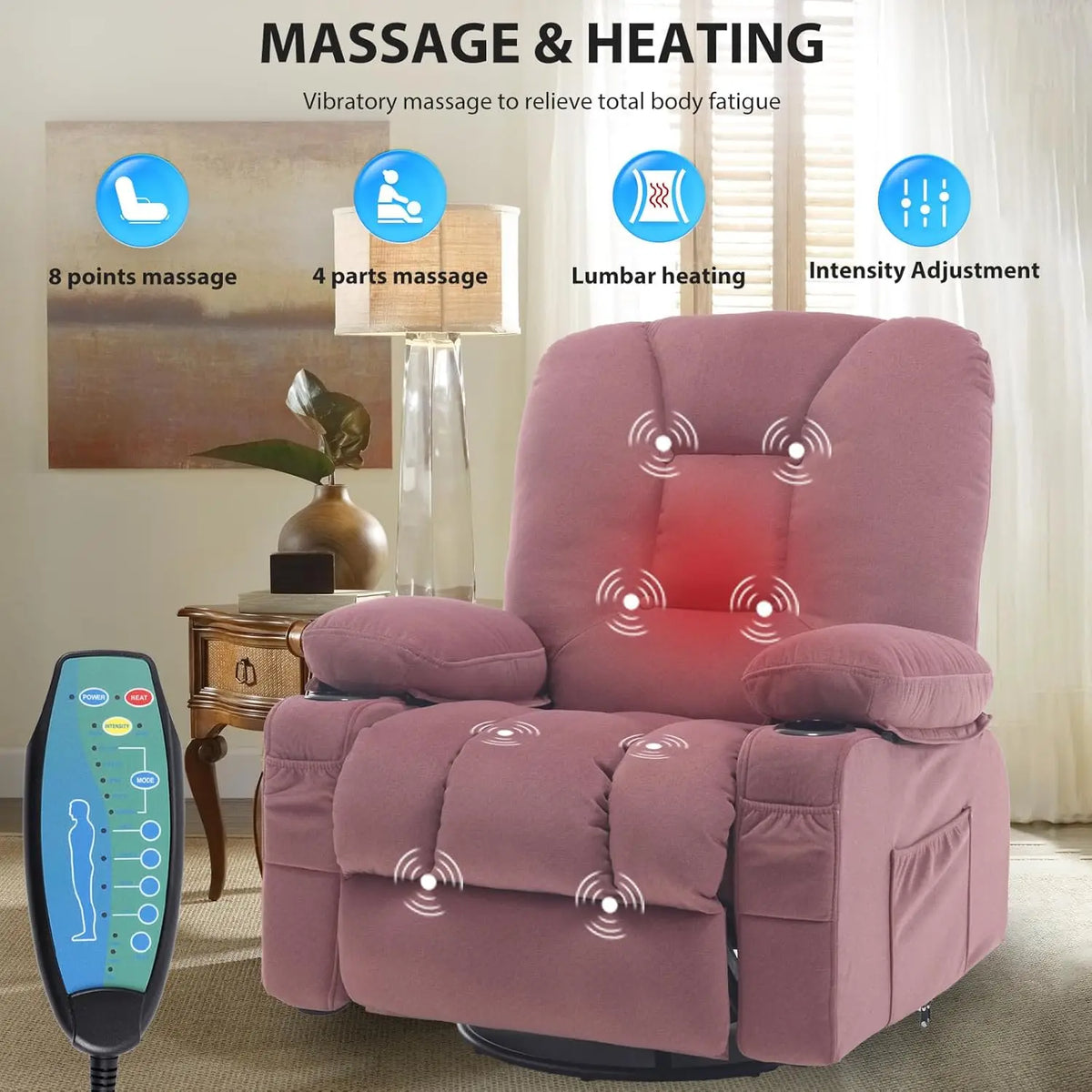 Rocker Recliner Chairs for Adults, Swivel Recliners with Massage and Heat, Fabric Overstuffed Glider with Cup, Customized