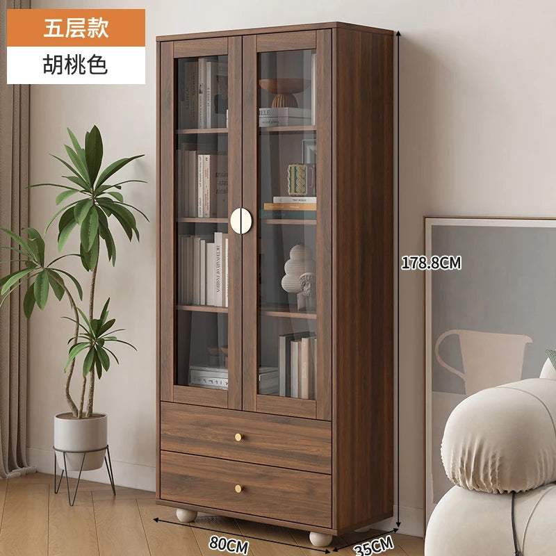 Nordic Solid Wood Bookshelf Modern Minimalist with Glass Doors Multi-layer Display Cabinet Storage Floor-standing Furniture FYBK