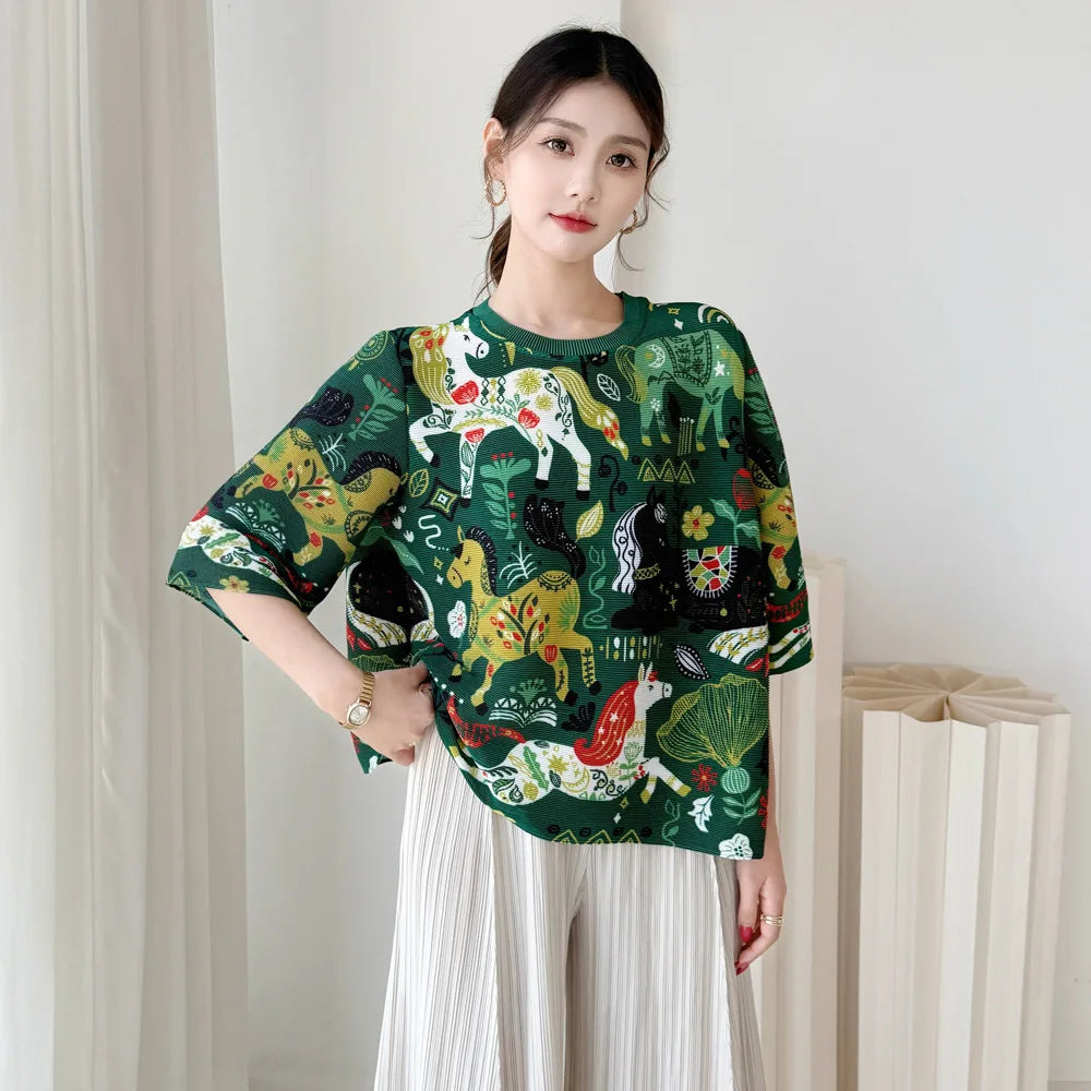 LANMREM High End Whimsical Horse Print Pleated Woemn's T-shirt Half Sleeve Round Neck Loose Fit Lightweight Casual Top 2DB6913