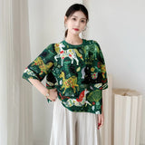 LANMREM High End Whimsical Horse Print Pleated Woemn's T-shirt Half Sleeve Round Neck Loose Fit Lightweight Casual Top 2DB6913