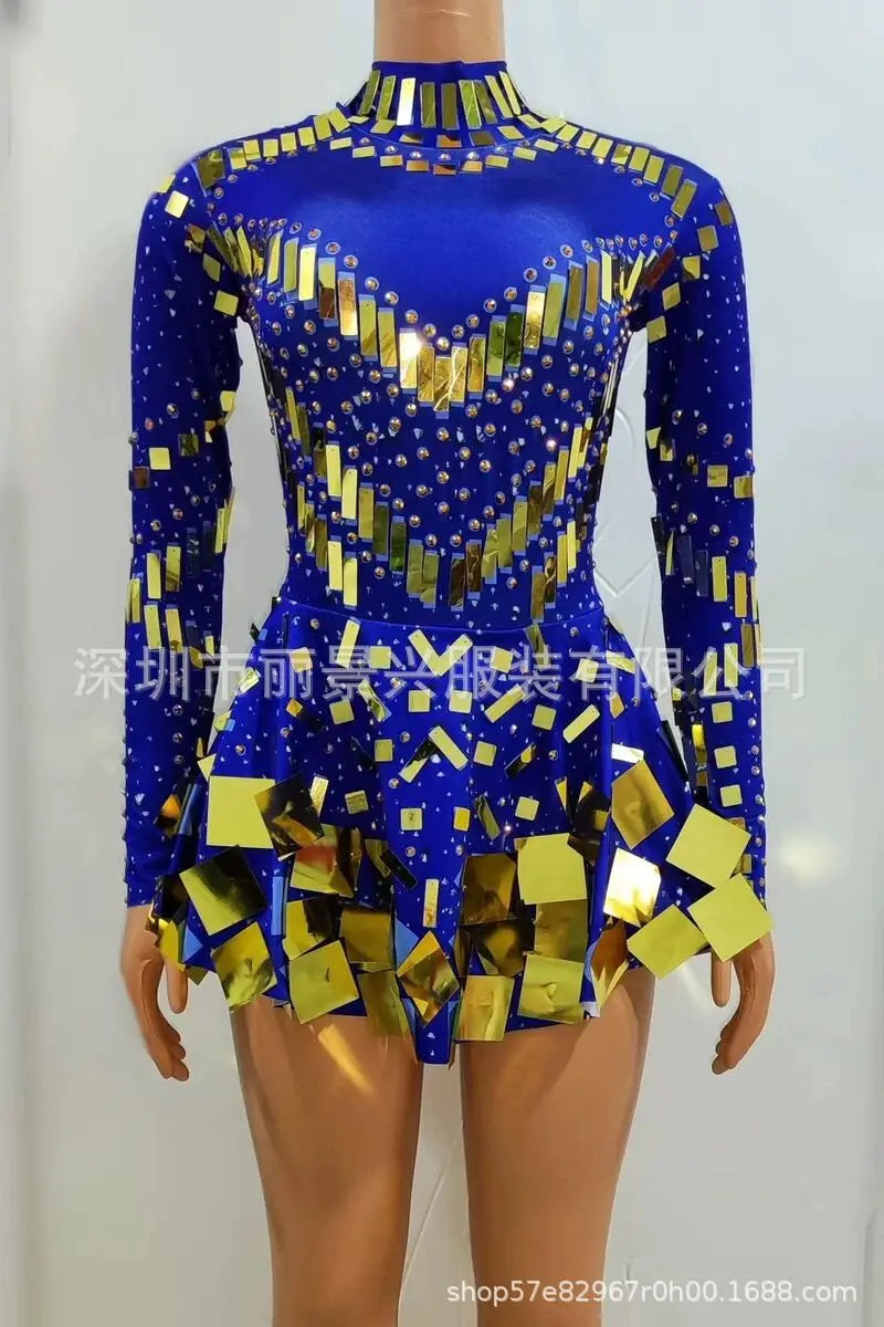 Fashion Stretch Sequins Mirror Dress Women Bodysuit Dancewear Long Sleeve Drag Queen Costume Rave Festival Night Out BodySuits
