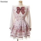 Japanese Kawaii Lolita Rhinestone Bow Dress Set Women Sweet Cartoon Print Lace Pearl Shirt Dress Gothic Y2k Tea Party Dresses