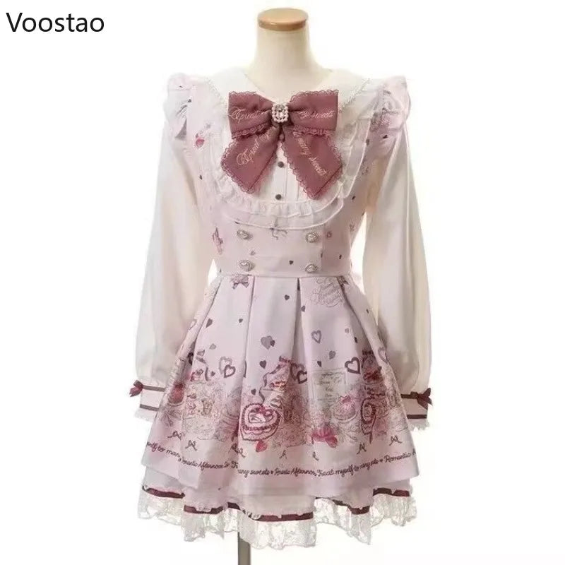 Japanese Kawaii Lolita Rhinestone Bow Dress Set Women Sweet Cartoon Print Lace Pearl Shirt Dress Gothic Y2k Tea Party Dresses