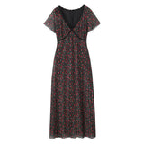 2025 Elegant lace Dress for summer V neckline Women short sleeve Party Dress midi rose Flora print holiday party dresses