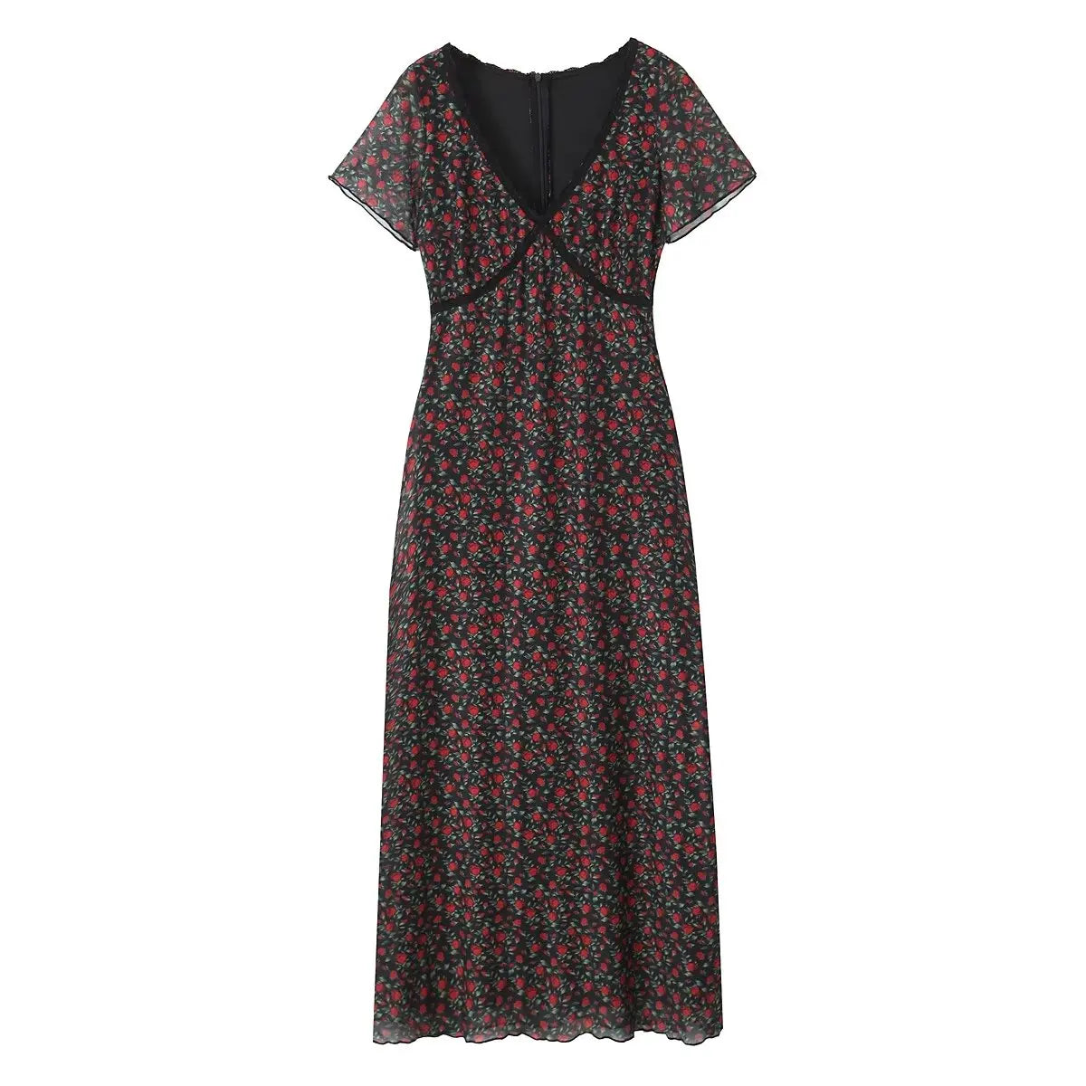 2025 Elegant lace Dress for summer V neckline Women short sleeve Party Dress midi rose Flora print holiday party dresses