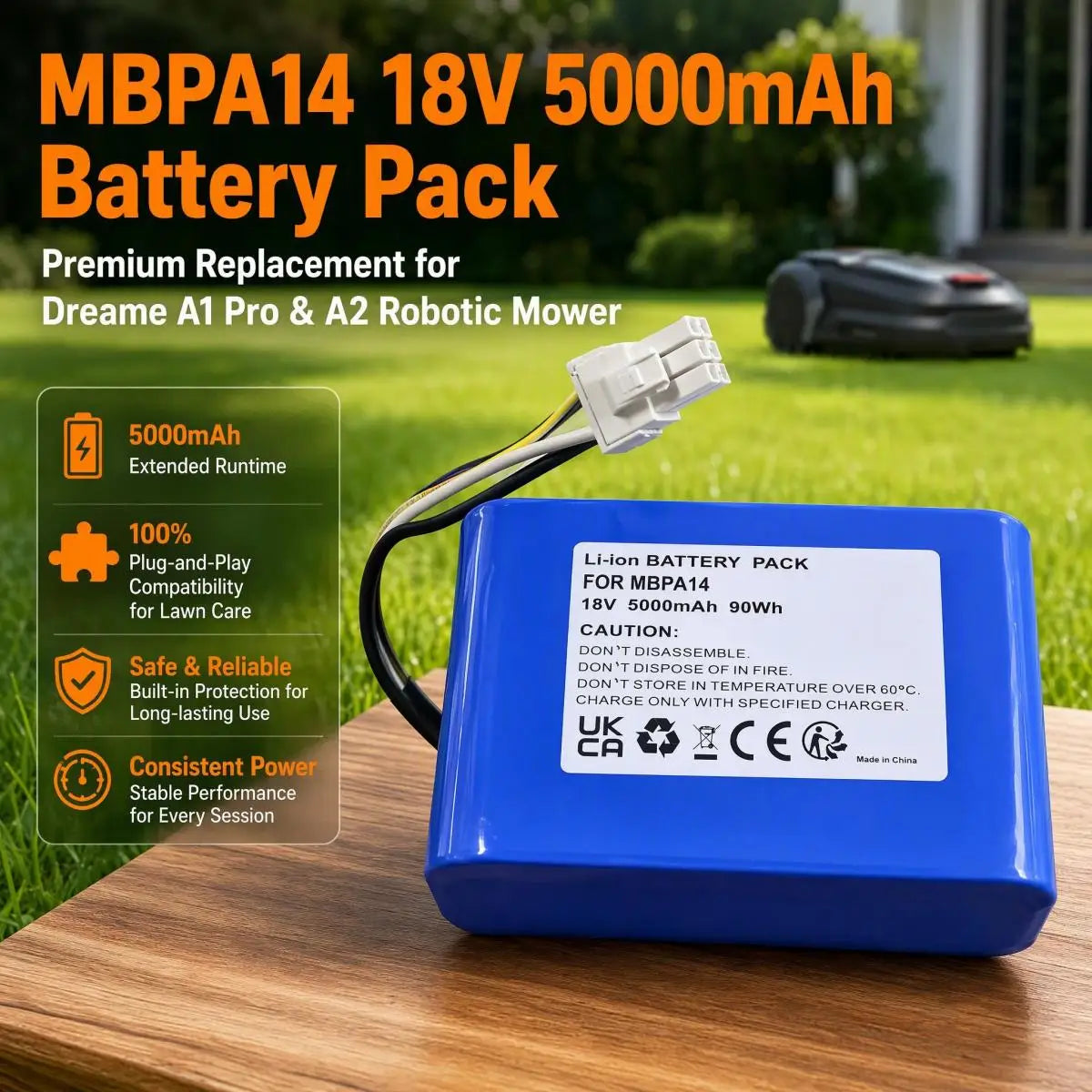 MBPA14 18V 5000mAh Li-ion Replacement Battery Pack for Dreame A1 Pro A2 Robot Lawn Mower Robotic Mower Lawn Care Accessory