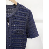Women Diamond Embellished Sparkling Knitted Dress Hollow Out Elegant Female O-Neck Navy Blue Single Breasted Knit Midi Robe