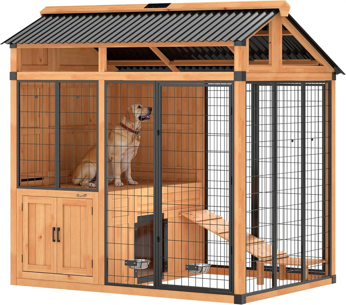 PawHut 7' x 5' Extra Large Outdoor Dog Kennel, Walk-in Wood Dog House with External Storage Cabinet, Platform, Stairs, Pet Shelt