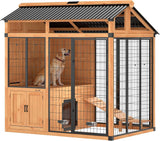 PawHut 7' x 5' Extra Large Outdoor Dog Kennel, Walk-in Wood Dog House with External Storage Cabinet, Platform, Stairs, Pet Shelt