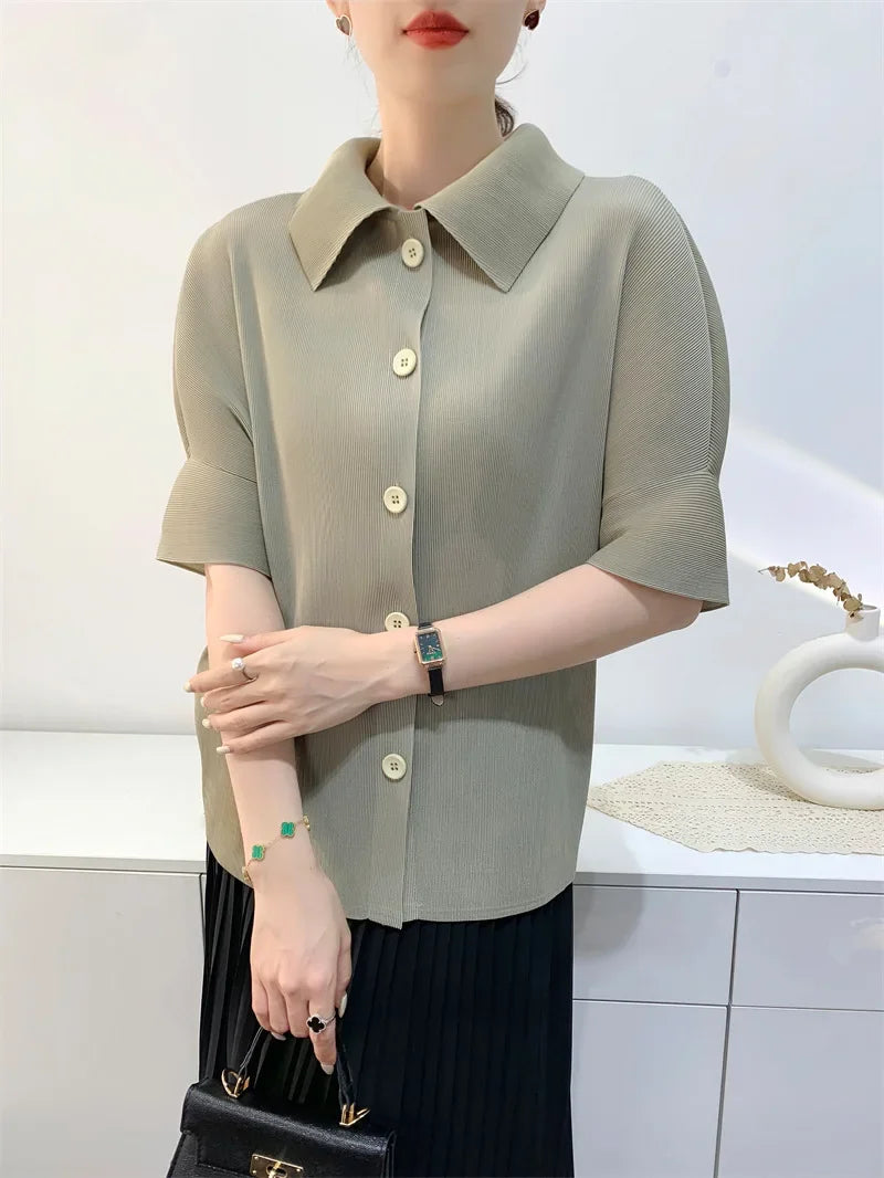 Miyake Pleated Lapel Button Up Short Sleeved Top for Women's Fashion,commuting Solid Color Shirt Spring 2024 Women's Clothing