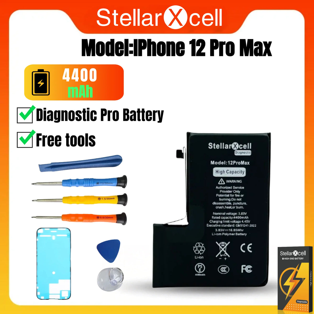 StellarXcell Diagnostic Battery Show Genuine Display Genuine Part No Error for iPhone 12 13Pro 14Plus 15Pro with Free Tools