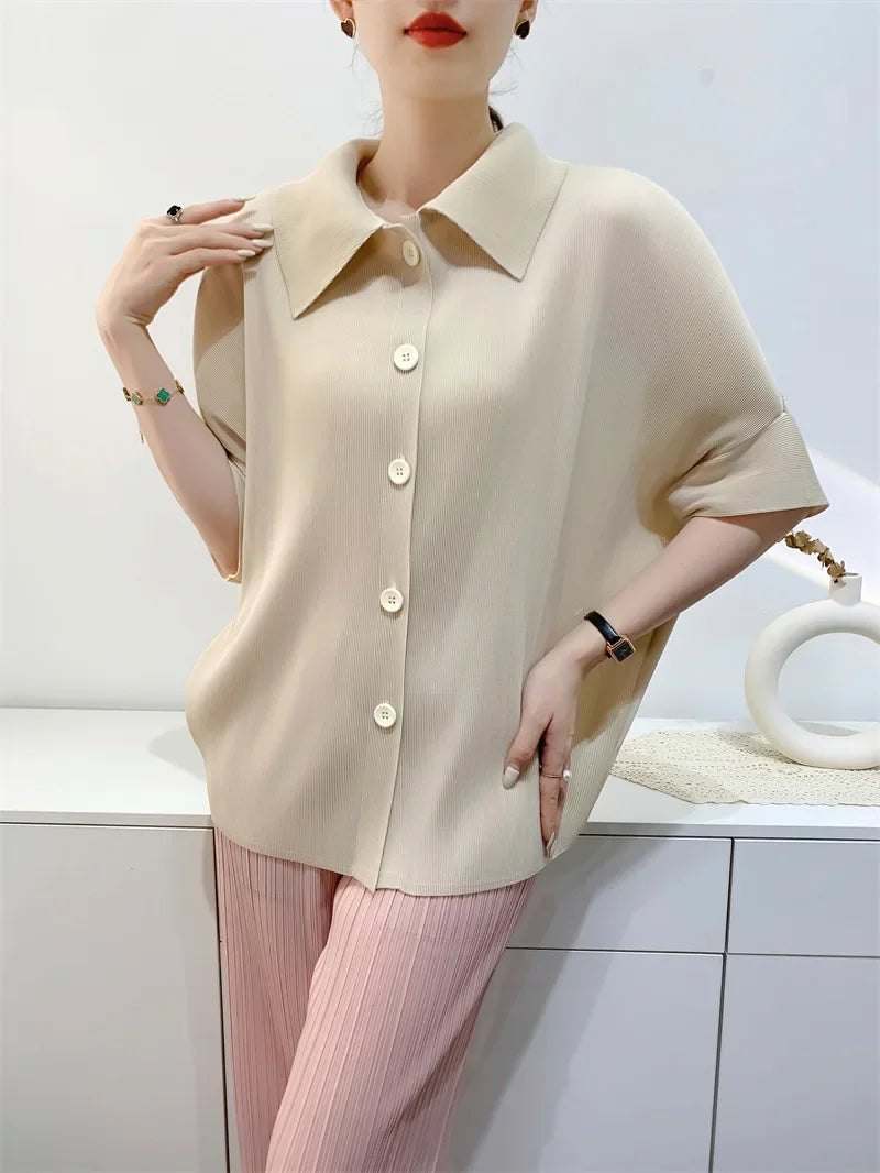 Miyake Pleated Lapel Button Up Short Sleeved Top for Women's Fashion,commuting Solid Color Shirt Spring 2024 Women's Clothing