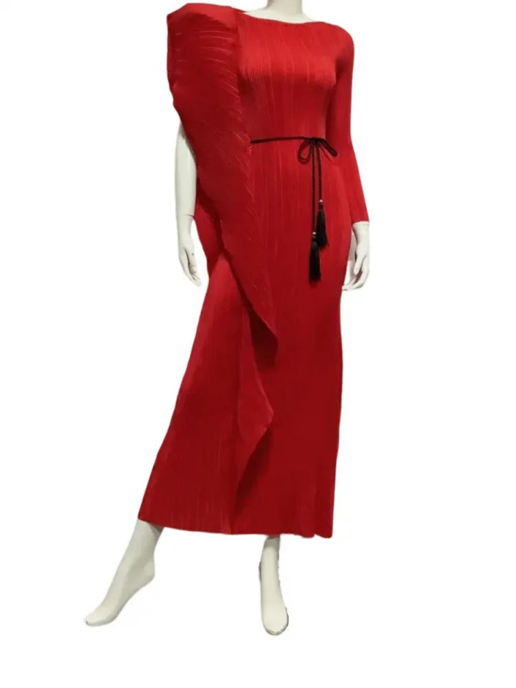 LANMREM Irregular Ruffled Pleated Maxi Dress Women Solid Color Round Neck Women's Elegant Festival Clothing 2024 Summer 2DA1460