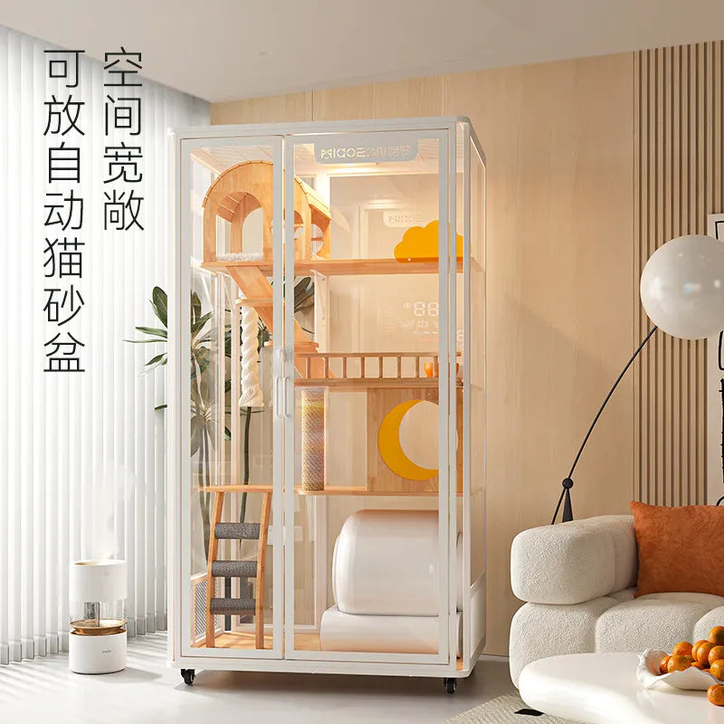 Solid wood luxury can put smart cat toilet integrated cat cage nest  panoramic view