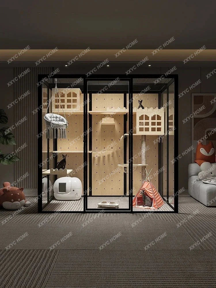 TTFG44Panoramic Cat Villa Home Cage Large Indoor Luxury Glass Cat Room