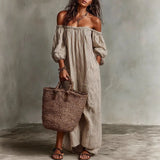 Spring Summer Beach Vacation Maxi Dress Woman Sexy Off Shoulder Puff Sleeve Long Dresses Vintage Striped Print Pocket Boho Dress