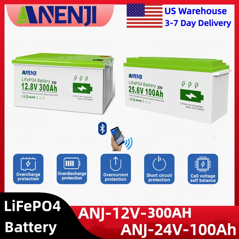 ANENJI 24V 100AH 12.8V 300AH LiFePO4 Battery Deep 6000+ Cycles BMS Lithium Iron Phosphate Battery Solar Energy Lithium Bateria Pack Batteries For RV Inverter Solar Panel